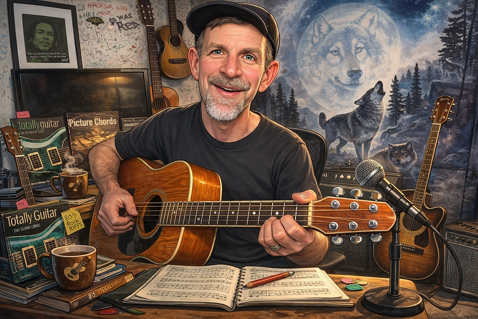 Eye-level view of acoustic guitar resting on a wooden table