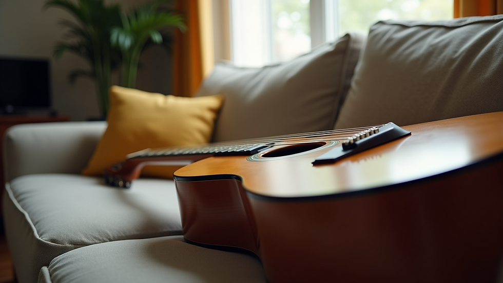 Eye-level view of acoustic guitar resting on a cozy living room couch