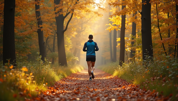 Eye-level view of a person jogging on a forest trail during autumn
