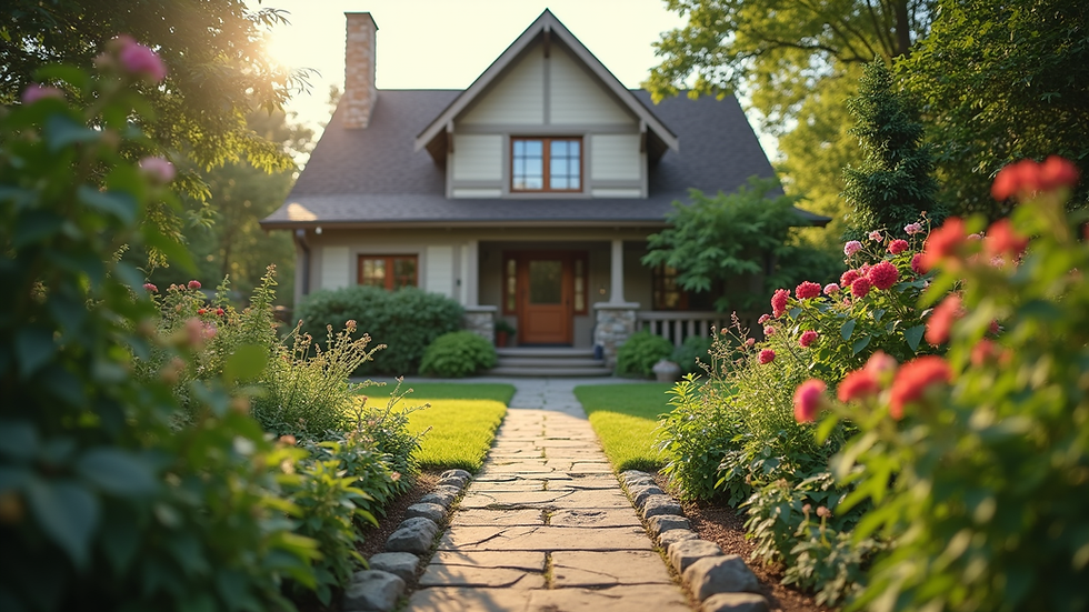 Eye-level view of a cozy home with a well-maintained garden