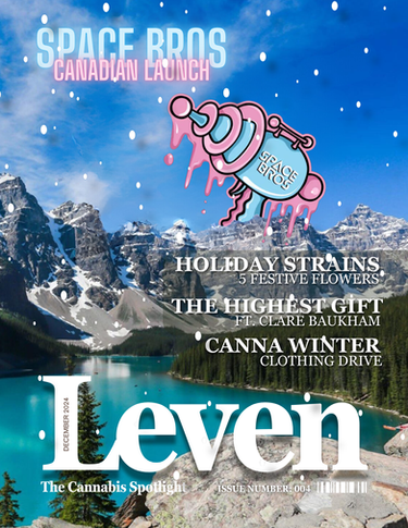 Space Bros, front cover of the Leven Cannabis Magazine, Winter mountains, turquoise glacier water.