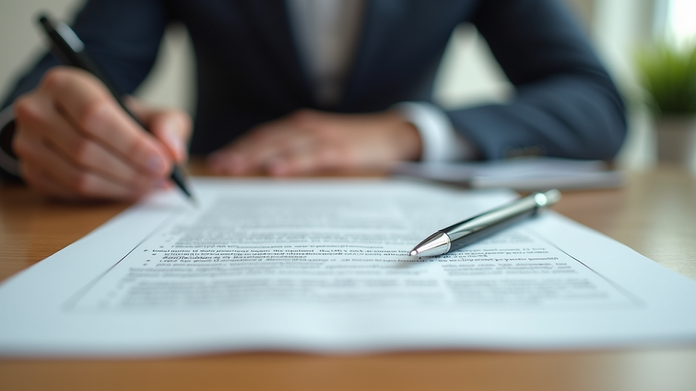 Close-up of legal documents and a pen on a wooden desk