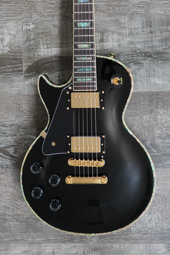 AIO SC77 Left-Handed Electric Guitar - Solid Black - Abalone Inlay
