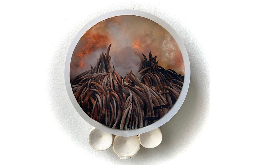 "Untitled", 2023, Wood, Mylar, digital print, and shark vertebrae, 6 x 6 x 2 inches