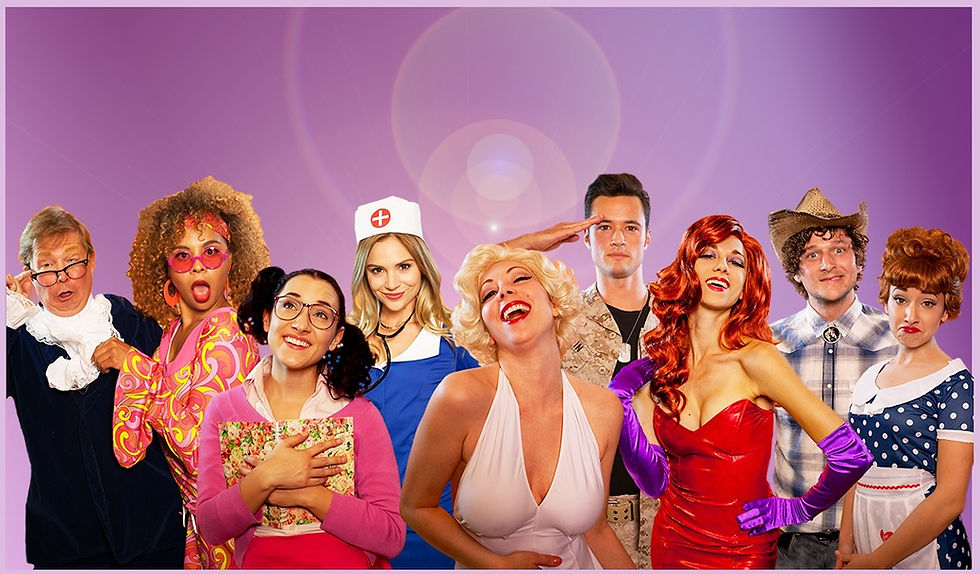 Group of singing telegram performers in costume, including Marilyn Monroe, drag queen, nurse, nerd, and other funny characters for NYC entertainment