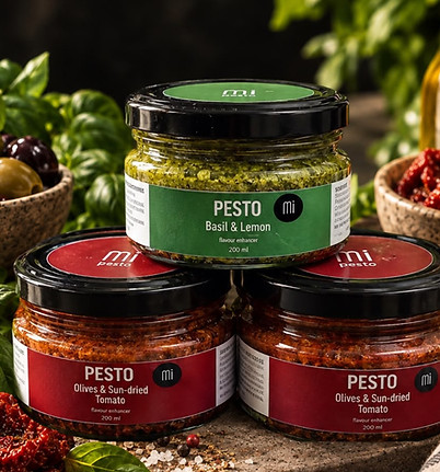 Basil and Lemon Pesto and Sun-dried Tomato Pesto jars