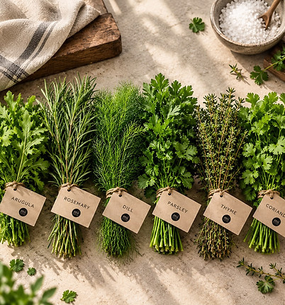 Bundles of fresh culinary herbs with labels on a table