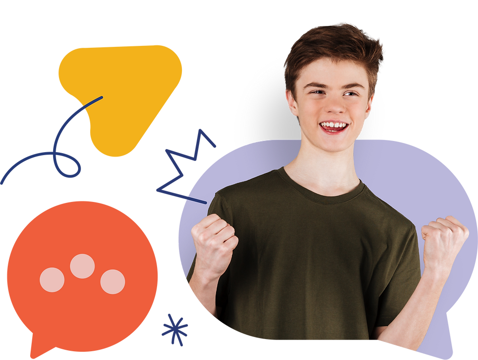 Excited boy cheering on Caravelle with speech bubble icons