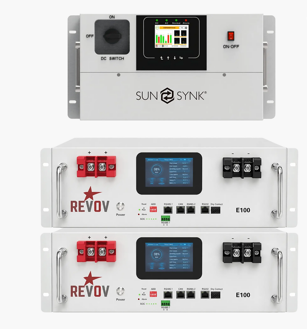 Sunsynk inverter with two stacked REVOV E100 LiFePO4 batteries.