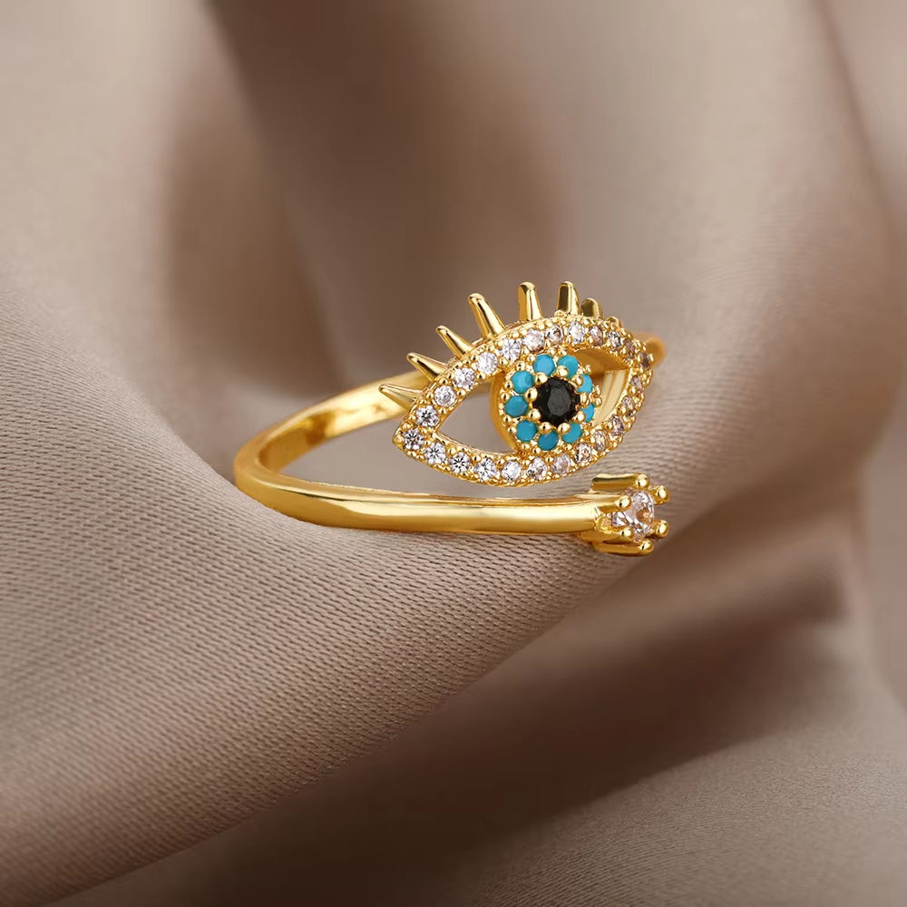 Stainless Steel Zircon Geometric Rings For Women Luxury Evil Eye Gold Color Adju