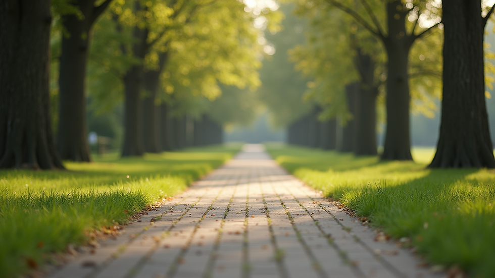 Eye-level view of a serene park with a walking path