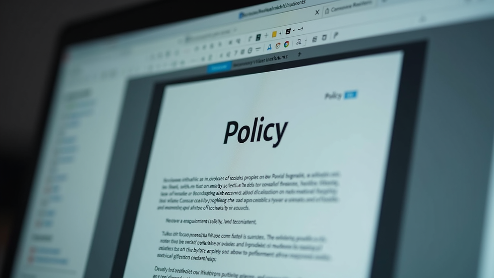 Close-up view of a computer screen showing a policy document being edited