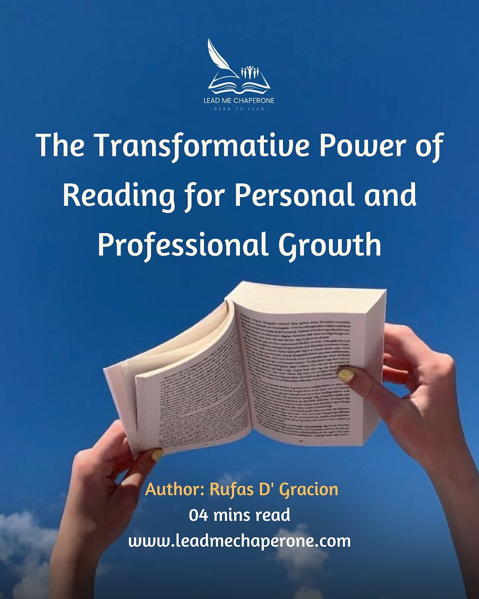 Hands hold an open book against a bright blue sky. Text: "The Transformative Power of Reading," 