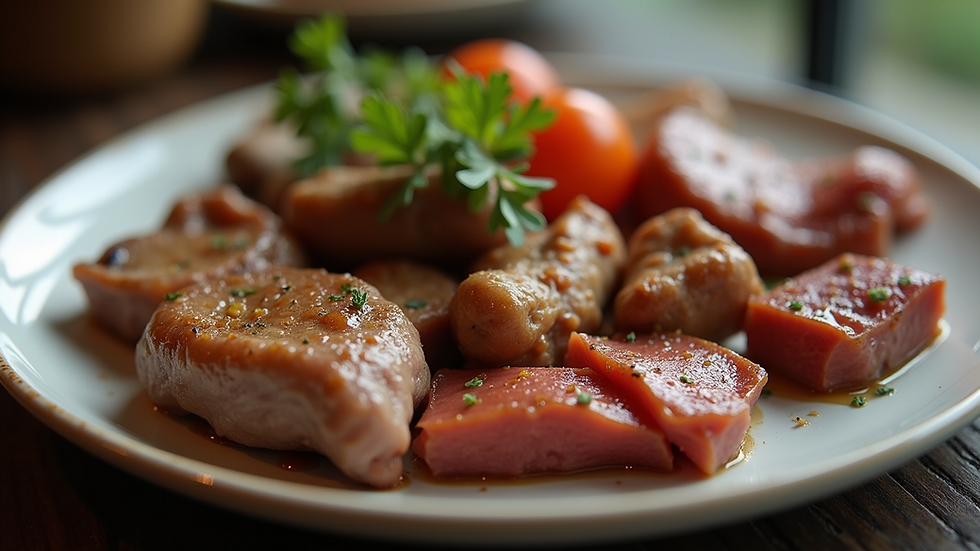 Close-up view of a plate with various cooked meats