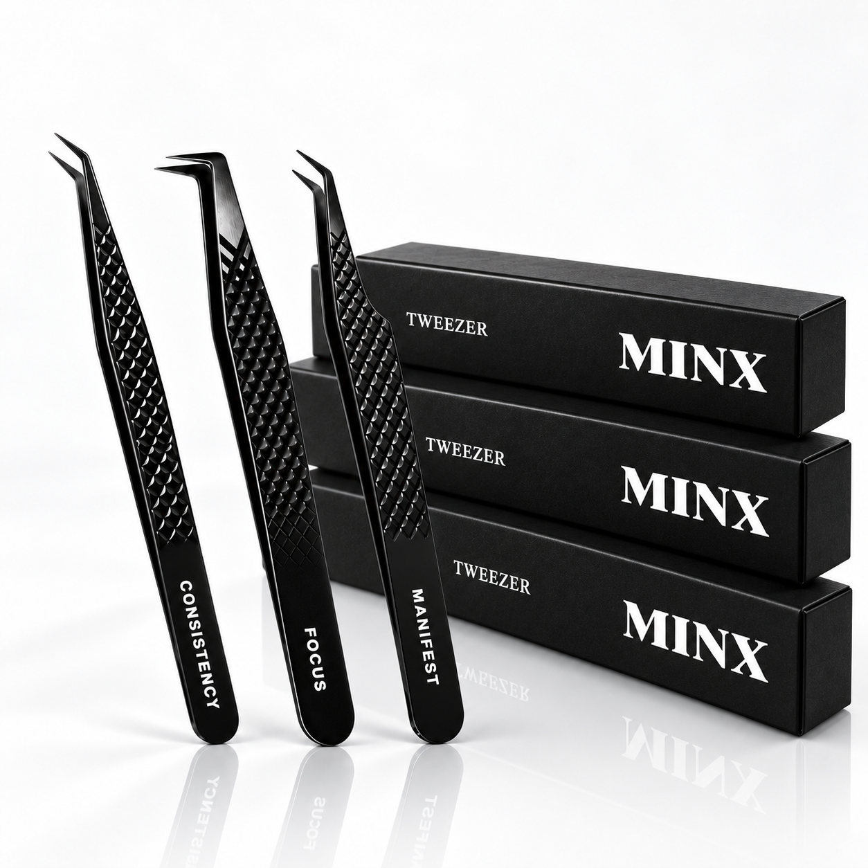 MINX Fiber Tweezer Trio – CONSISTENCY · FOCUS · MANIFEST