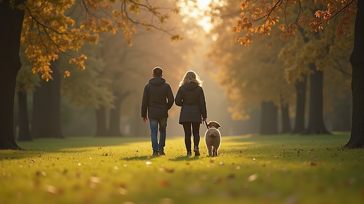 Eye-level view of a couple walking their dog in a park