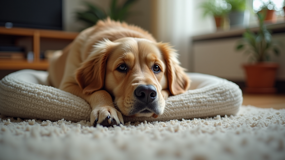 Eye-level view of a cozy dog bed with a fluffy golden retriever lying on it