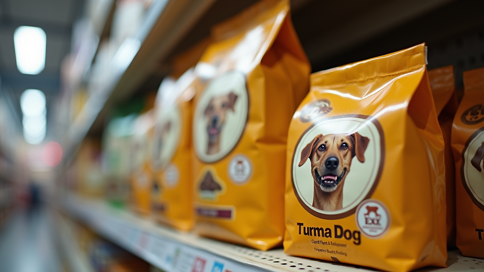 Close-up view of a dog food bag on a shelf