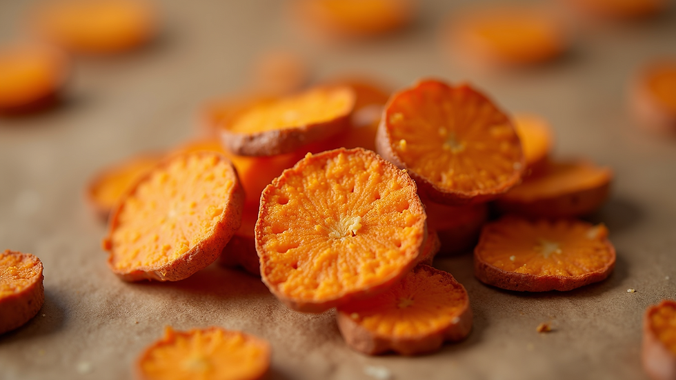 Close-up view of dehydrated sweet potato treats for dogs
