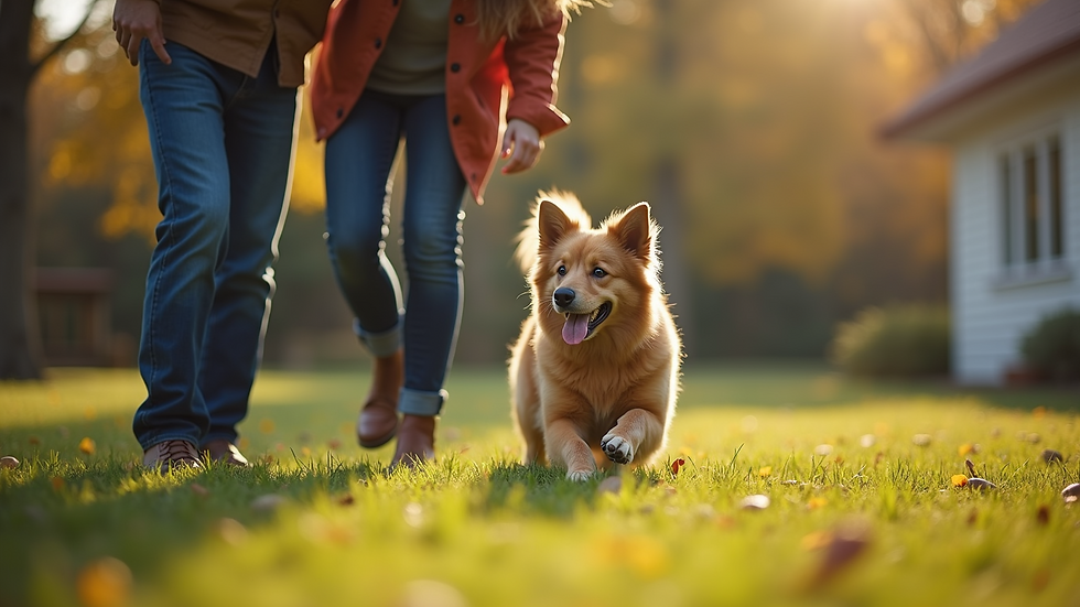 High angle view of a couple playing with their dog outside