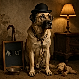 "An Anatolian Shepherd Dog sits regally in a dimly lit, vintage-style room, wearing a black bowler hat and gold-rimmed glasses. A heavy chain rests gently around its neck as it gazes thoughtfully into the distance. Beside the dog is a chalkboard labeled 'VIGILANT,' a brass water bowl, and a stuffed plush lamb. The warm lighting and antique decor reflect the dog’s calm, serious, and protective nature."

