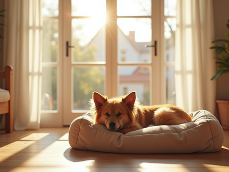 A cozy dog bed near a sunny window, perfect for a dog’s relaxation