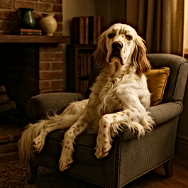 A regal English Setter with a flowing white-and-tan coat lounges casually in a cozy living room, one paw draped dramatically over the arm of a chair like an aristocrat waiting for afternoon tea.