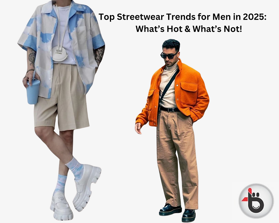Two male models showcasing top streetwear trends for men in 2025. The model on the left wears a relaxed summer look with a blue and white oversized short-sleeve shirt, beige shorts, chunky white sneakers, pastel socks, and a small white crossbody bag. The model on the right wears a bold autumn streetwear look featuring an orange fleece jacket, beige wide-leg trousers, black sunglasses, a black crossbody bag, and black loafers. The image includes the title 'Top Streetwear Trends for Men in 2025: What’s Hot & What’s Not!' and a logo at the bottom right