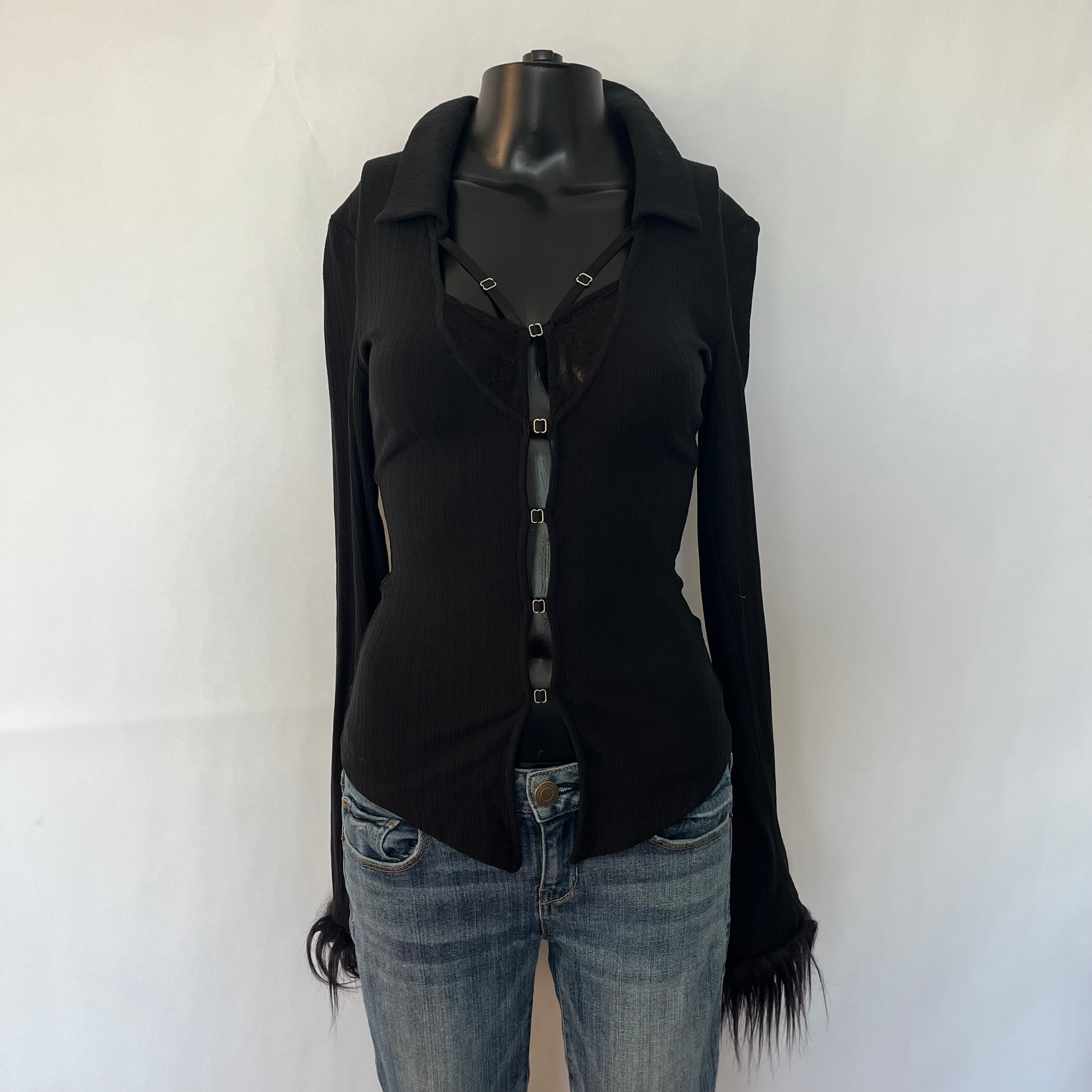 Jqwention Black Hook-Eye Top with Faux Fur Cuffs – Size M