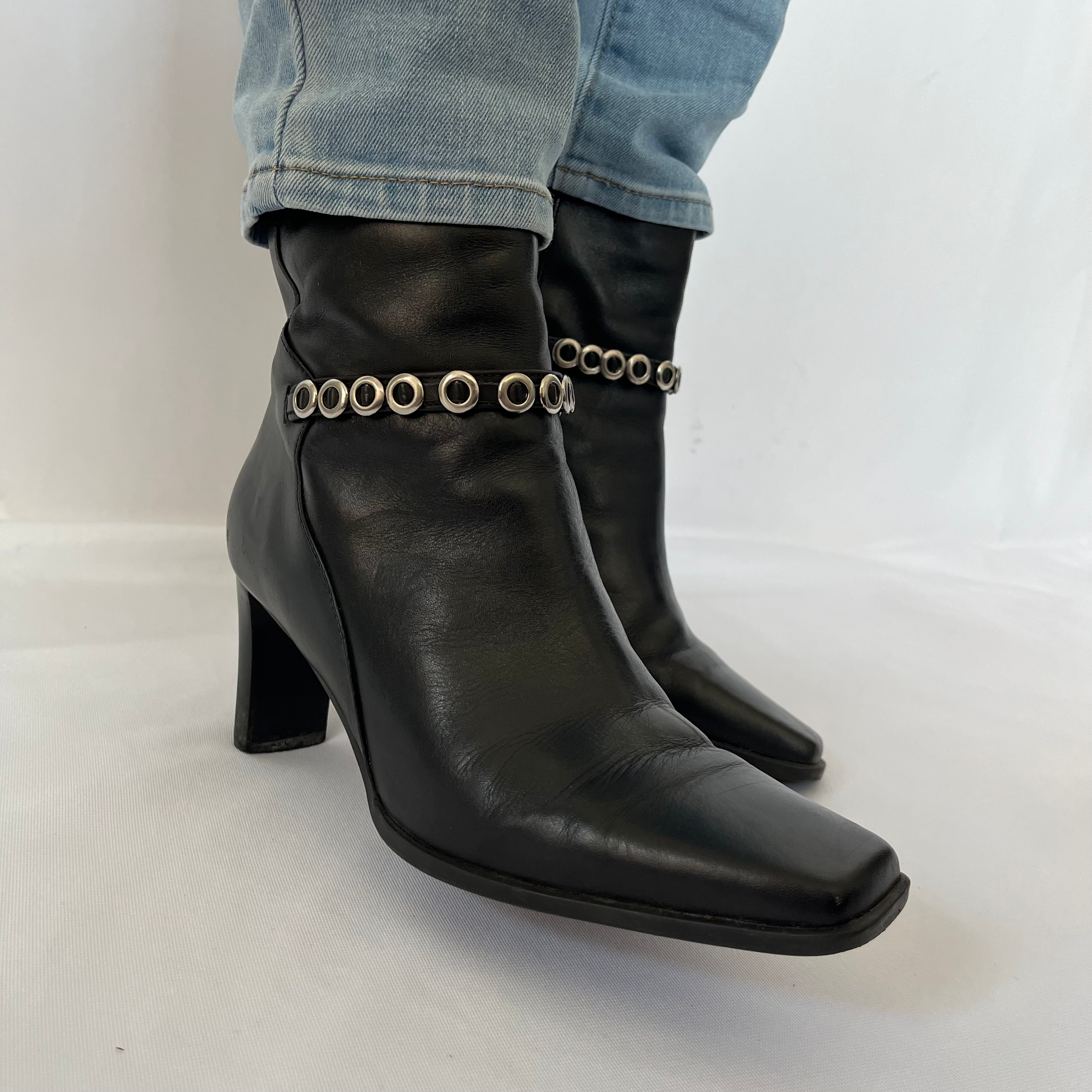 Leather Black Grommet Detail Ankle Boots Size 7.5