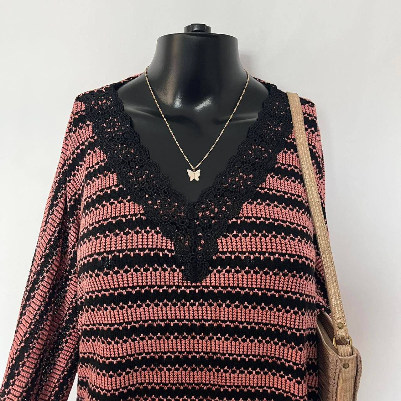 Skye’s The Limit Pink & Black Crochet Trim Sweater 🌾 🦇 