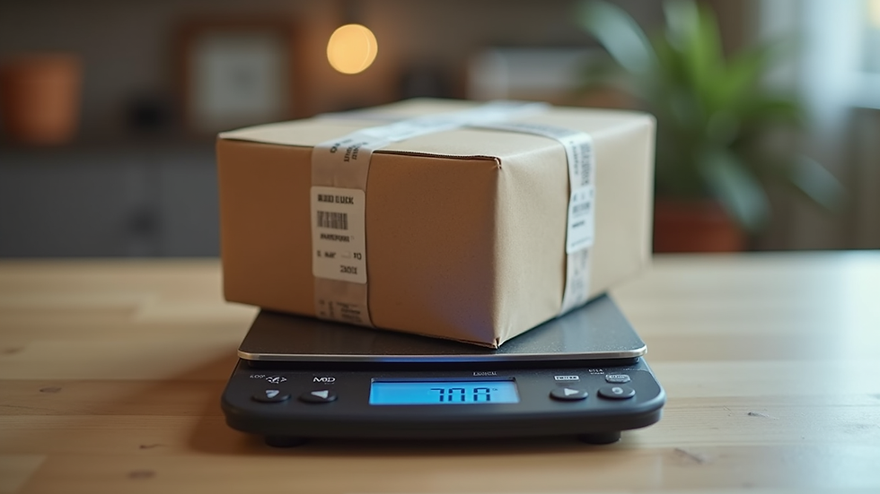 Close-up of a package being weighed on a digital scale