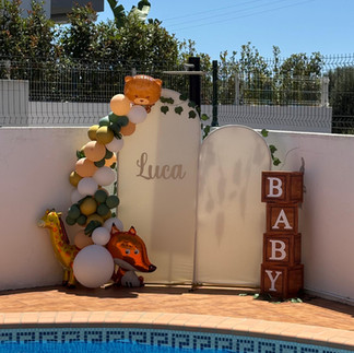 A baby shower backdrop with balloon arch, air filled animal balloons, boxes with the word baby spelt out by Creative Candies & Gifts