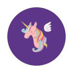 Icône rose représentant une tête de licorne avec crinière multicolore et aile blanche sur fond violet, symbole du soin de libération du karma proposé par Racine de Jade.