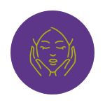 Icône jaune représentant un visage stylisé entouré de deux mains sur fond violet, symbole de la réflexologie du visage proposée par Racine de Jade, alliant détente, soin énergétique et beauté intérieure.