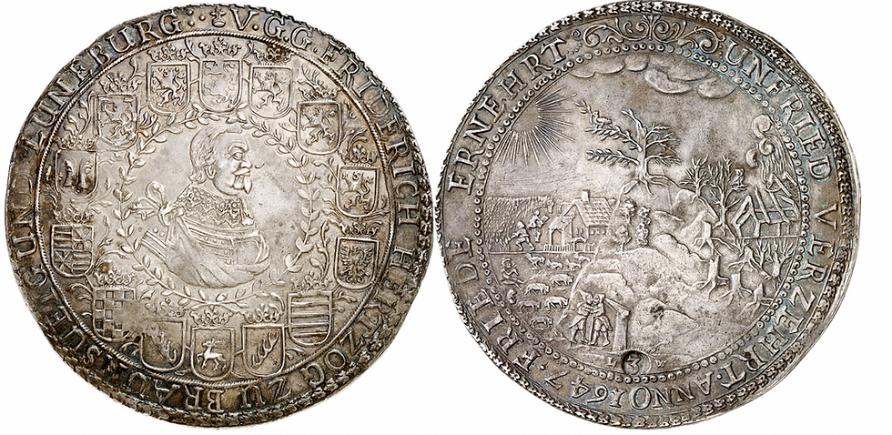 Braunschweig-Lüneburg-Celle. Friedrich 1636-1648. Löser zu 3 Reichstalern 1647, Clausthal. Ausbeute der Harzer Gruben. Sehr selten. Aus Sammlung Erich Götz „Montangepräge“. Sehr schön bis vorzüglich.