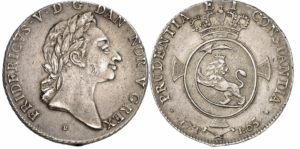 Norwegen. Frederik V., 1746-1766. Speciedaler 1765, Kongsberg. Sehr selten. Vorzüglich.