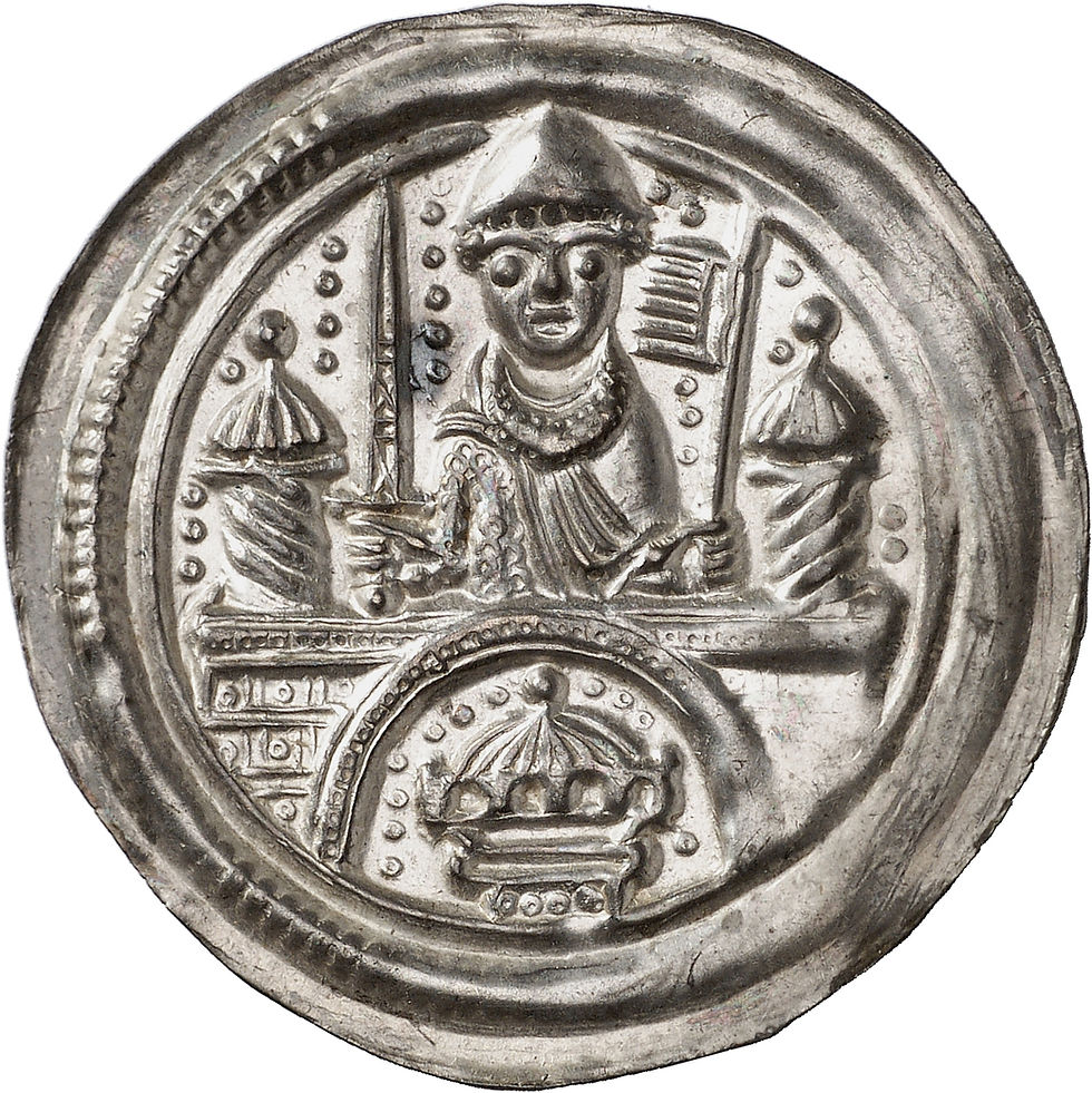 Albrecht der Bär, 1150-1170. Brakteat, Wegeleben, Ballenstedt oder Aschersleben. Äußerst selten. Aus dem Fund von Freckleben, Exemplar der herzoglich anhaltinischen Münzsammlung zu Dessau, Auktion Adolph E. Cahn 70 (1931), Nr. 9. Fast Stempelglanz.