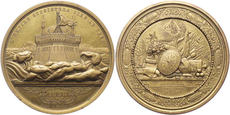 Nr. 2040: Türkei. Medaille von 1850 auf die Erneuerung des Osmanischen Reichs. Bronze, 398,83 g, Ø 100,5 mm. Pere 1104; Guioth II-49. Kleine Randfehler, sehr selten, vz. Taxe: 1 500,– Euro.