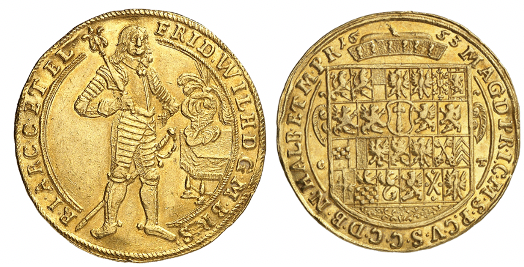 Friedrich Wilhelm „Der Große Kurfürst“, 1640-1688. 5 Dukaten 1653, Berlin. Äußerst selten. Vorzüglich.