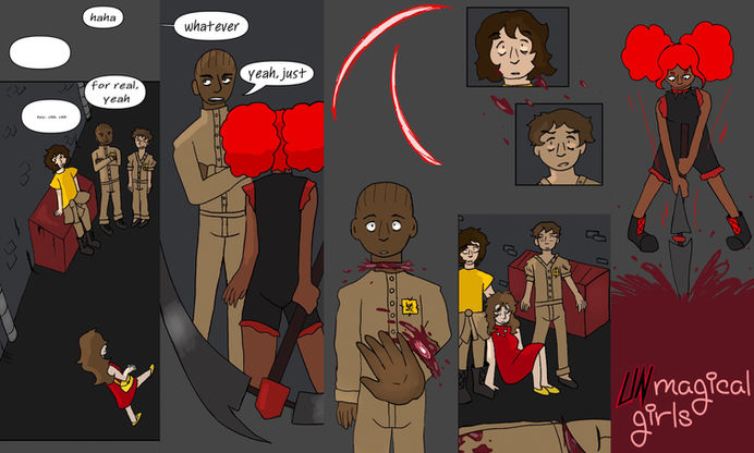 Many images collaged together of a girl with two huge red hair buns and men in brown outfits, along with a girl in a red dress. The background is dark/black and there is a lot of blood. The bottom right text reads "Unmagical Girls."
