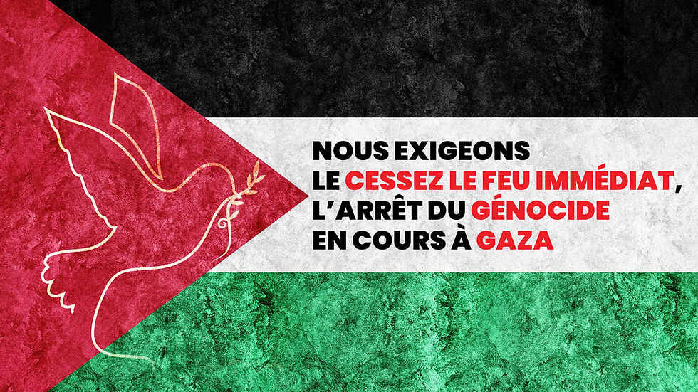 Nous exigeons le cessez le feu immédiat, l’arrêt du génocide en cours à Gaza