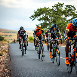 African cyclists racing intensely on a road race make some of the riders black african and