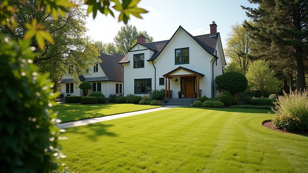 Wide angle view of a charming suburban house with a well-kept lawn