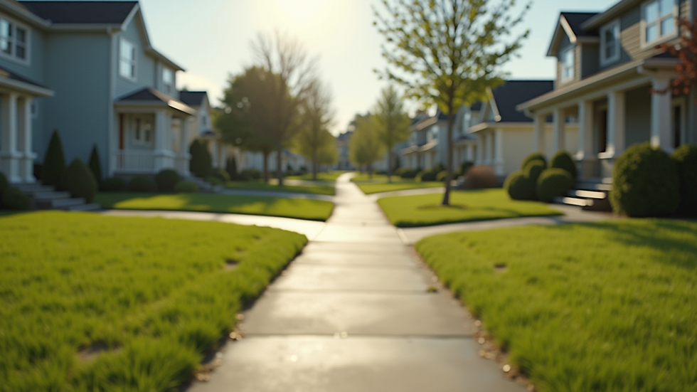 Eye-level view of a suburban street with single-family homes and green lawns