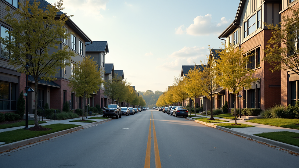 Wide angle view of a modern Charlotte neighborhood street