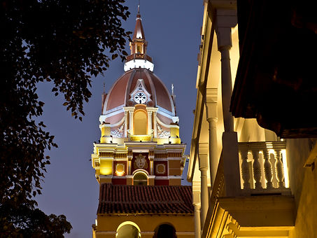 Cathedral of Saint Catherine of Alexandria illuminated at dusk, Cartagena, Colombia