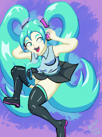 A woman with large teal pigtails floating jumping in the air.