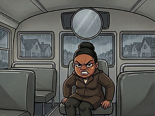 Cartoon woman with an angry scowl on a rainy bus