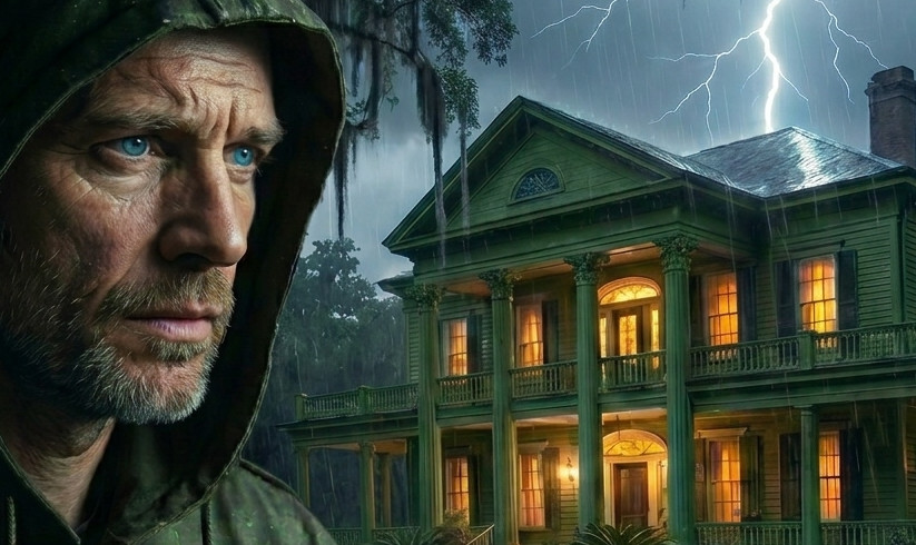 man standing in rain in front of house